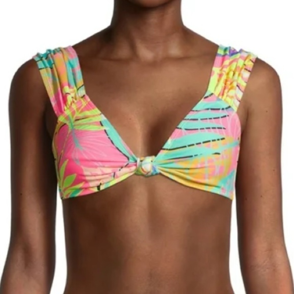NWT No Boundaries Women Tropical Print Swimsuit Bikini Top L Acid Pink Yellow* - Picture 2 of 6